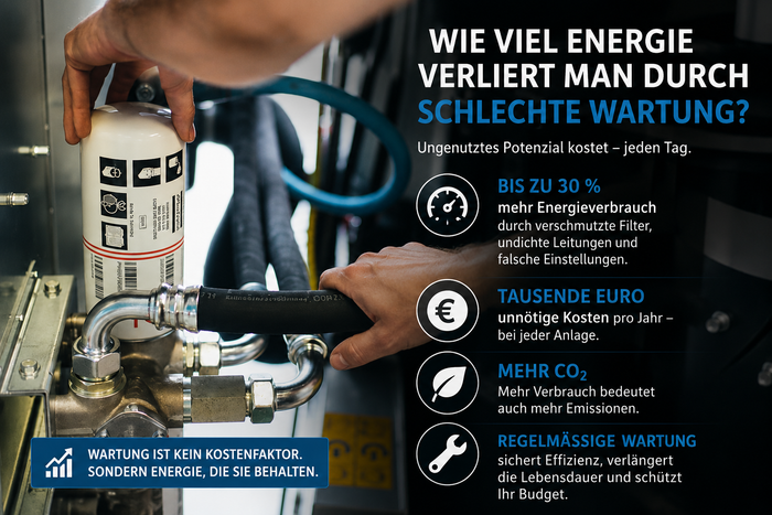 Das Bild zeigt einen Ölfilter am Schraubenkompressor sowie Hinweise zu Energieverlusten bei schlechter Wartung