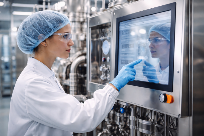 Drucklufttechnik hilft Ingenieurin im Chemiewerk bei der Bedienung der Produktionsanlage