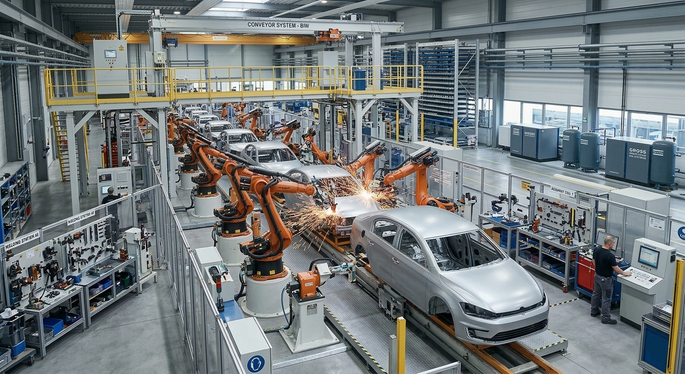 Drucklufttechnik für die Automobilindustrie in einer Fertigungsstraße im Automobilbau