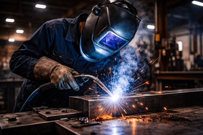 Schweißer bei der Arbeit in einem metallverarbeitenden Betrieb