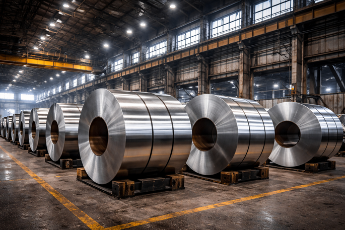 Metallspulen in einer Lagerhalle